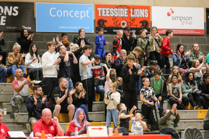 Teesside Lions fans celebrate the win that sends them through to round 3 of the National Cup
